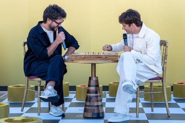Monegasque Formula 1 driver Charles Leclerc (r) challenges Spanish actor Alvaro Morte to a game of his new board game SE!ZE in Madrid during the official presentation of Chivas Regal 16. September 9, 2026. (2026090990)