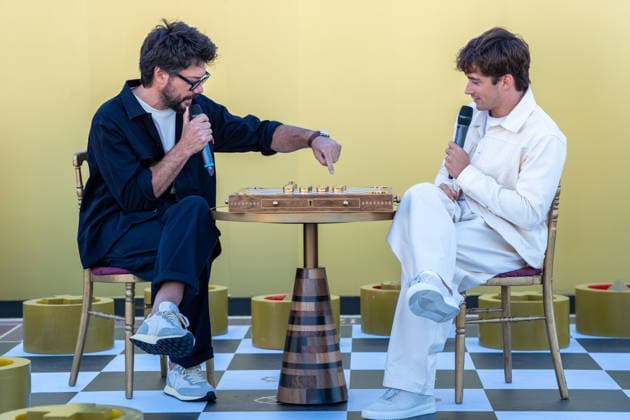 Monegasque Formula 1 driver Charles Leclerc (r) challenges Spanish actor Alvaro Morte to a game of his new board game SE!ZE in Madrid during the official presentation of Chivas Regal 16. September 9, 2026. (2026090991)
