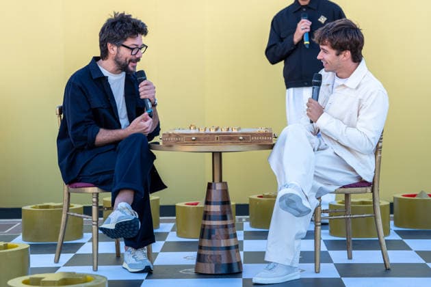 Monegasque Formula 1 driver Charles Leclerc (r) challenges Spanish actor Alvaro Morte to a game of his new board game SE!ZE in Madrid during the official presentation of Chivas Regal 16. September 9, 2026. (2026090994)
