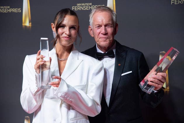 Award recipients Laura WONTORRA, host, and Johannes B. KERNER, host, at the German Television Award ceremony, The 2026 German Television Award, held at Confex Cologne on September 9, 2025