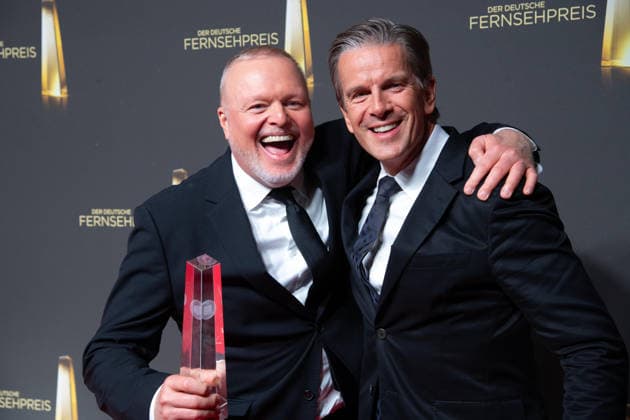 Award winners Stefan RAAB and Markus LANZ (from left) take a selfie with a smartphone at the German Television Award ceremony, The German Television Award 2026, German Television Award 2026 at Confex Cologne, on September 9, 2025