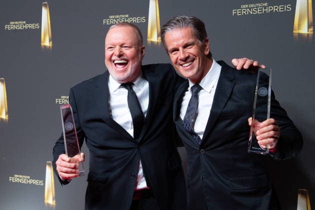 Award winners Stefan RAAB and Markus LANZ (from left) take a selfie with a smartphone at the German Television Award ceremony, The German Television Award 2026, German Television Award 2026 at Confex Cologne, on September 9, 2025