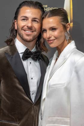 ABB TELEVISION AWARD: Laura Wontorra, host, and her boyfriend Riccardo Basie, host, appeared on the red carpet at the gala for the 2026 German Television Award ceremony at the Confex Center on September 9, 2026, in Cologne, North Rhine-Westphalia, Germany
