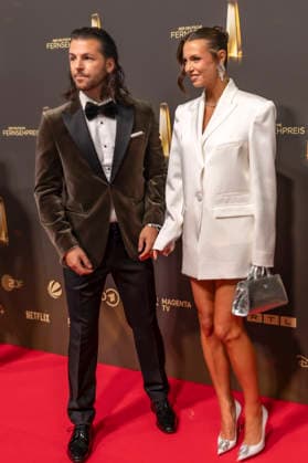 ABB TELEVISION AWARD: Laura Wontorra, host, and her boyfriend Riccardo Basie, guest host, on the red carpet at the gala for the 2026 German Television Award ceremony at the Confex Center on September 9, 2026, in Cologne, North Rhine-Westphalia, Germany