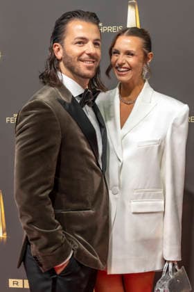 ABB TELEVISION AWARD: Laura Wontorra, host, and her boyfriend Riccardo Basie, guest host, on the red carpet at the gala for the 2026 German Television Award ceremony at the Confex Center on September 9, 2026, in Cologne, North Rhine-Westphalia, Germany