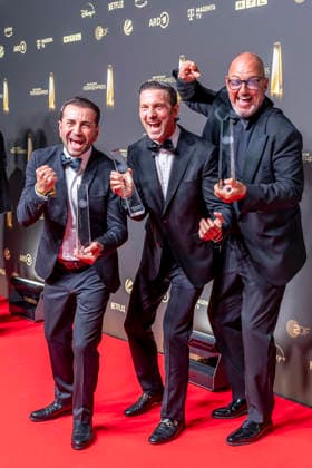 ABB TELEVISION AWARD Alexander Kumptner, Ali Güngoermuess and Frank Rosin, winners of the Television Award; the host appears on the red carpet at the gala ceremony for the 2026 German Television Award at the Confex Center on September 9, 2026, in Cologne, North Rhine-Westphalia, Germany