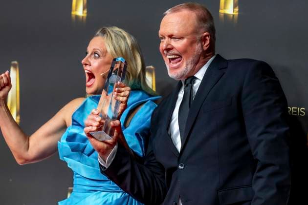 ABB TELEVISION AWARD: Barbara Schoeneberger and Stefan Raab, winners of the television award, appear on the red carpet at the gala ceremony for the 2026 German Television Award at the Confex Center on September 9, 2026, in Cologne, North Rhine-Westphalia, Germany