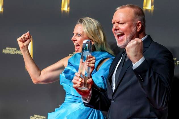 ABB TELEVISION AWARD: Barbara Schoeneberger and Stefan Raab, winners of the television award, appear on the red carpet at the gala ceremony for the 2026 German Television Award at the Confex Center on September 9, 2026, in Cologne, North Rhine-Westphalia, Germany