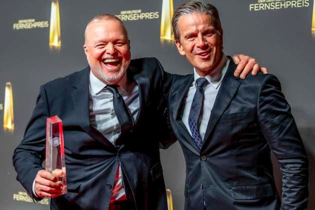 ABB TELEVISION AWARD: Stefan Raab and Markus Lanz, winners of the Television Award, appear on the red carpet at the gala ceremony for the 2026 German Television Award at the Confex Center on September 9, 2026, in Cologne, North Rhine-Westphalia, Germany