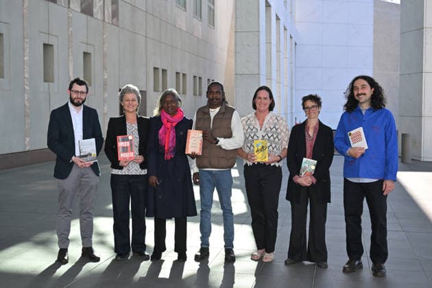 PRIME MINISTERS LITERARY AWARDS, (L-R) Authors Rohan Howitt, Kate Wild, Merrkiyawuy Ganambarr-Stubbs, Djawa Burarrwanga, Pip Harry, Zana Fraillon and Ender Baskan pose for a photograph for the 2026 Prime Minister™s Literary Awards at Parliament House in Canberra, Thursday, September 10, 2026. ( NO ARCHIVING CANBERRA AUSTRALIAN CAPITAL TERRITORY AUSTRALIA  Copyright: xMICKxTSIKASx 20260910120687874280