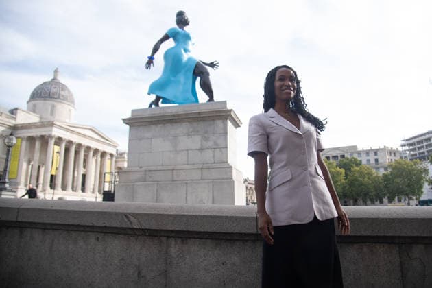 Fourth Plinth Unveiling at Trafalgar Square, London, UK - 10 September, 2026 American Artist Tschabalala Self poses with her artwork Lady In Blue on the Fourth Plinth at Trafalgar Square, London, England, UK on Thursday 10 September, 2026., Credit:Justin Ng Avalon UK, England, London, Trafalgar Square Copyright: xJustinxNgx xAvalonx 1133037764