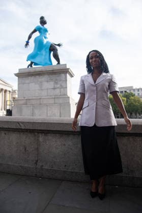 Fourth Plinth Unveiling at Trafalgar Square, London, UK - 10 September, 2026 American Artist Tschabalala Self poses with her artwork Lady In Blue on the Fourth Plinth at Trafalgar Square, London, England, UK on Thursday 10 September, 2026., Credit:Justin Ng Avalon UK, England, London, Trafalgar Square Copyright: xJustinxNgx xAvalonx 1133037769
