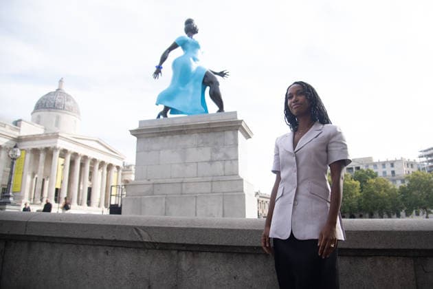 Fourth Plinth Unveiling at Trafalgar Square, London, UK - 10 September, 2026 American Artist Tschabalala Self poses with her artwork Lady In Blue on the Fourth Plinth at Trafalgar Square, London, England, UK on Thursday 10 September, 2026., Credit:Justin Ng Avalon UK, England, London, Trafalgar Square Copyright: xJustinxNgx xAvalonx 1133037772