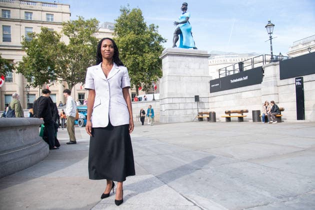 Fourth Plinth Unveiling at Trafalgar Square, London, UK - 10 September, 2026 American Artist Tschabalala Self poses with her artwork Lady In Blue on the Fourth Plinth at Trafalgar Square, London, England, UK on Thursday 10 September, 2026., Credit:Justin Ng Avalon UK, England, London, Trafalgar Square Copyright: xJustinxNgx xAvalonx 1133037800