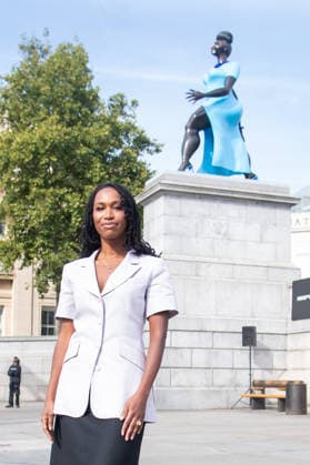 Fourth Plinth Unveiling at Trafalgar Square, London, UK - 10 September, 2026 American Artist Tschabalala Self poses with her artwork Lady In Blue on the Fourth Plinth at Trafalgar Square, London, England, UK on Thursday 10 September, 2026., Credit:Justin Ng Avalon UK, England, London, Trafalgar Square Copyright: xJustinxNgx xAvalonx 1133037814