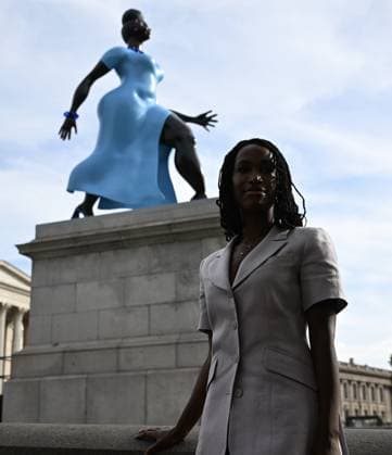 New Fourth Plinth artwork Lady in Blue unveiled at London’s Trafalgar Square LONDON, UNITED KINGDOM - SEPTEMBER 10: The new Fourth Plinth artwork, Lady in Blue, is seen in Trafalgar Square in London, United Kingdom, on September 10, 2026. Created by New York-based artist Tschabalala Self, the blue bronze sculpture depicts a young woman representing contemporary Londoners, striding confidently into the future. The work is the 16th commission of the Fourth Plinth programme, which was launched in 1998. Rasid Necati Aslim Anadolu London United Kingdom. Editorial use only. Please get in touch for any other usage.  Copyright: x2026xAnadoluxRasidxNecatixAslimx