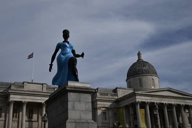 New Fourth Plinth artwork Lady in Blue unveiled at London’s Trafalgar Square LONDON, UNITED KINGDOM - SEPTEMBER 10: The new Fourth Plinth artwork, Lady in Blue, is seen in Trafalgar Square in London, United Kingdom, on September 10, 2026. Created by New York-based artist Tschabalala Self, the blue bronze sculpture depicts a young woman representing contemporary Londoners, striding confidently into the future. The work is the 16th commission of the Fourth Plinth programme, which was launched in 1998. Rasid Necati Aslim Anadolu London United Kingdom. Editorial use only. Please get in touch for any other usage.  Copyright: x2026xAnadoluxRasidxNecatixAslimx