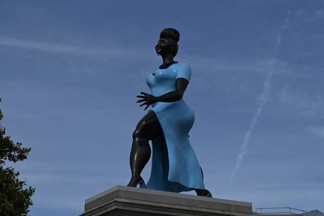 New Fourth Plinth artwork Lady in Blue unveiled at London’s Trafalgar Square LONDON, UNITED KINGDOM - SEPTEMBER 10: The new Fourth Plinth artwork, Lady in Blue, is seen in Trafalgar Square in London, United Kingdom, on September 10, 2026. Created by New York-based artist Tschabalala Self, the blue bronze sculpture depicts a young woman representing contemporary Londoners, striding confidently into the future. The work is the 16th commission of the Fourth Plinth programme, which was launched in 1998. Rasid Necati Aslim Anadolu London United Kingdom. Editorial use only. Please get in touch for any other usage.  Copyright: x2026xAnadoluxRasidxNecatixAslimx