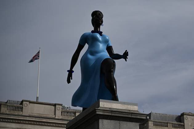 New Fourth Plinth artwork Lady in Blue unveiled at London’s Trafalgar Square LONDON, UNITED KINGDOM - SEPTEMBER 10: The new Fourth Plinth artwork, Lady in Blue, is seen in Trafalgar Square in London, United Kingdom, on September 10, 2026. Created by New York-based artist Tschabalala Self, the blue bronze sculpture depicts a young woman representing contemporary Londoners, striding confidently into the future. The work is the 16th commission of the Fourth Plinth programme, which was launched in 1998. Rasid Necati Aslim Anadolu London United Kingdom. Editorial use only. Please get in touch for any other usage.  Copyright: x2026xAnadoluxRasidxNecatixAslimx