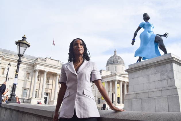 September 10, 2026, London, England, United Kingdom: Artist TSCHABALALA SELF stands next to her artwork Lady In Blue , the new fourth plinth sculpture in Trafalgar Square. London United Kingdom - ZUMAv130 20260910_zip_v130_001 Copyright: xVukxValcicx