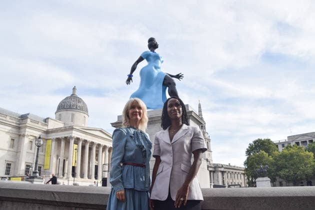 September 10, 2026, London, England, United Kingdom: Artist TSCHABALALA SELF (R) and Deputy Mayor for Culture and the Creative Industries Justine Simons (L) stand next to the artwork Lady In Blue , the new fourth plinth sculpture in Trafalgar Square. London United Kingdom - ZUMAv130 20260910_zip_v130_010 Copyright: xVukxValcicx