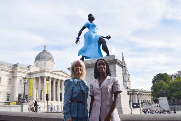 September 10, 2026, London, England, United Kingdom: Artist TSCHABALALA SELF (R) and Deputy Mayor for Culture and the Creative Industries Justine Simons (L) stand next to the artwork Lady In Blue , the new fourth plinth sculpture in Trafalgar Square. London United Kingdom - ZUMAv130 20260910_zip_v130_011 Copyright: xVukxValcicx