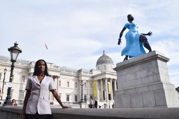 September 10, 2026, London, England, United Kingdom: Artist TSCHABALALA SELF stands next to her artwork Lady In Blue , the new fourth plinth sculpture in Trafalgar Square. London United Kingdom - ZUMAv130 20260910_zip_v130_013 Copyright: xVukxValcicx