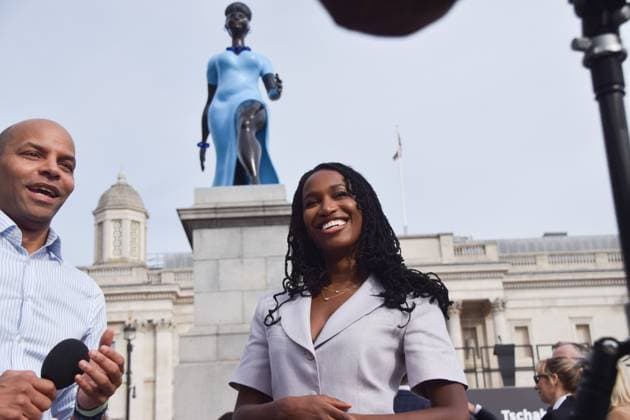September 10, 2026, London, United Kingdom: Artist Tschabalala Self speaks to the media next to her artwork entitled Lady In Blue , the new Fourth Plinth sculpture in Trafalgar Square..The sculpture is the 16th Fourth Plinth commission to date. London United Kingdom - ZUMAs197 20260910_aaa_s197_037 Copyright: xVukxValcicx