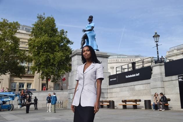 September 10, 2026, London, United Kingdom: Artist Tschabalala Self stands next to her artwork entitled Lady In Blue , the new Fourth Plinth sculpture in Trafalgar Square..The sculpture is the 16th Fourth Plinth commission to date. London United Kingdom - ZUMAs197 20260910_aaa_s197_042 Copyright: xVukxValcicx