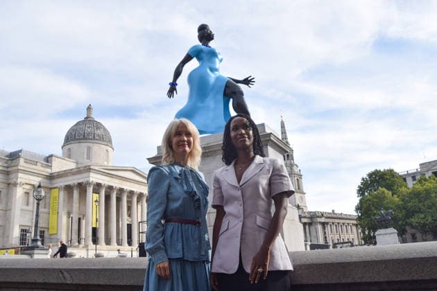 September 10, 2026, London, England, United Kingdom: Artist TSCHABALALA SELF (R) and Deputy Mayor for Culture and the Creative Industries JUSTINE SIMONS (L) stand next to the artwork Lady In Blue , the new Fourth Plinth sculpture in Trafalgar Squar London United Kingdom  - ZUMAv130 20260910_zip_v130_032 Copyright: xVukxValcicx