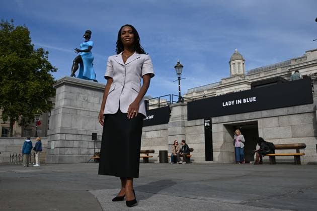 Lady in Blue unveiled in London s Trafalgar Square LONDON, UNITED KINGDOM - SEPTEMBER 10: New York-based artist Tschabalala Self poses next to her newly unveiled bronze sculpture Lady in Blue atop the Fourth Plinth in Trafalgar Square, London, United Kingdom, on September 10, 2026. The vivid blue sculpture depicts a young, contemporary woman walking forward with determination, paying homage to everyday Londoners. The artwork marks the 16th contemporary commission for the landmark site since the Fourth Plinth programme was launched in 1998. Rasid Necati Aslim Anadolu London United Kingdom. Editorial use only. Please get in touch for any other usage.  Copyright: x2026xAnadoluxRasidxNecatixAslimx