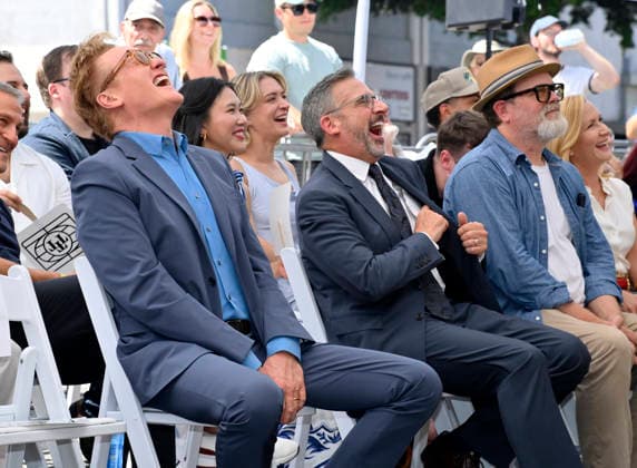 Conan O Brien, Steve Carell and Rainn Wilson (L-R) react to comments during American screenwriter, television producer and director Greg Daniels unveiling ceremony honoring Daniels with the 2,856th star on the Hollywood Walk of Fame in Los Angeles on Thursday, September 10, 2026.  LAP2026091020 JIMxRUYMEN