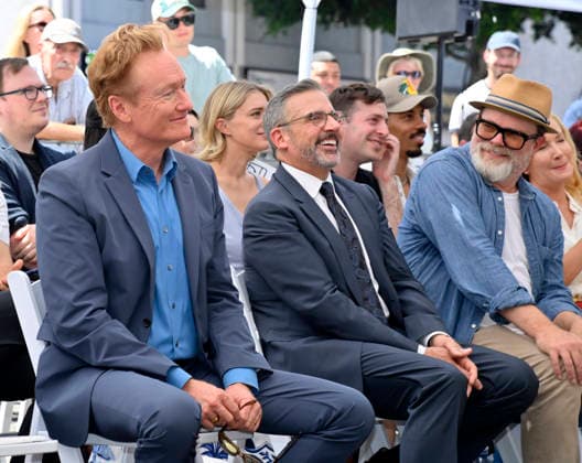 Conan O Brien, Steve Carell and Rainn Wilson (L-R) react to comments during American screenwriter, television producer and director Greg Daniels unveiling ceremony honoring Daniels with the 2,856th star on the Hollywood Walk of Fame in Los Angeles on Thursday, September 10, 2026.  LAP2026091021 JIMxRUYMEN