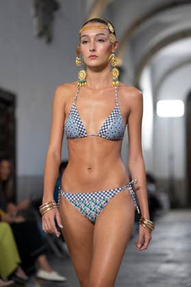 September 10, 2026, Madrid, Spain: A model parades with Dolores Cortes design during the OMODA Fashion Week en ISE San Isidro in Madrid. Madrid Spain  - ZUMAs197 20260910_aaa_s197_641 Copyright: xAtilanoxGarciax