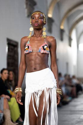 September 10, 2026, Madrid, Spain: A model parades with Dolores Cortes design during the OMODA Fashion Week en ISE San Isidro in Madrid. Madrid Spain  - ZUMAs197 20260910_aaa_s197_643 Copyright: xAtilanoxGarciax