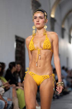 September 10, 2026, Madrid, Spain: A model parades with Dolores Cortes design during the OMODA Fashion Week en ISE San Isidro in Madrid. Madrid Spain  - ZUMAs197 20260910_aaa_s197_671 Copyright: xAtilanoxGarciax
