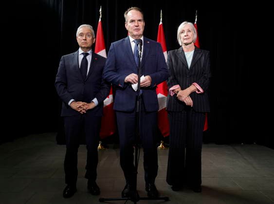 September 11, 2026, Banff, Ab, CANADA: Finance Minister Francois-Philippe Champagne, left to right, Transport Minister Steven MacKinnon and Jobs Minister Patty Hajdu speak to media during a cabinet retreat in Banff, Alta., Friday, Sept. 11, 2026. Banff CANADA - ZUMAc35_ 20260911_zaf_c35_021 Copyright: xJeffxMcintoshx