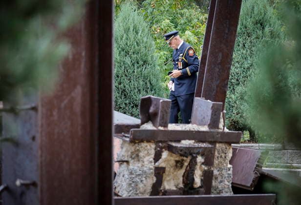 September 11, 2026, Winnipeg, Mb, Canada: A firefighter spends time at the remnants Twin towers beams as people participate in the 25th Annual 9 11 Memorial Service at the International Peace Garden in Boissevain, Man., Friday, Sept. 11, 2026. Winnipeg Canada  - ZUMAc35_ 20260911_zaf_c35_106 Copyright: xJohnxWoodsx
