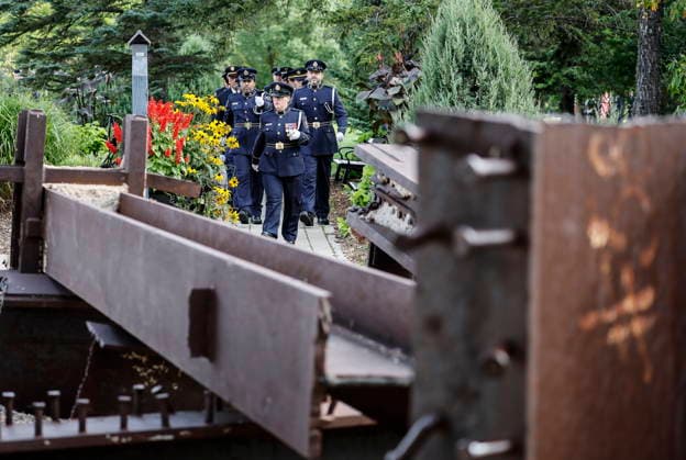 September 11, 2026, Winnipeg, Mb, Canada: The colour party make itöÄÃ s way past the remnants Twin towers beams as people participate in the 25th Annual 9 11 Memorial Service at the International Peace Garden in Boissevain, Man., Friday, Sept. 11, 2026. Winnipeg Canada  - ZUMAc35_ 20260911_zaf_c35_107 Copyright: xJohnxWoodsx