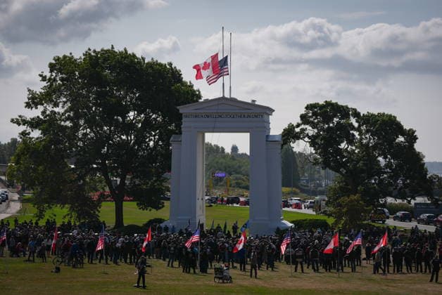 September 11, 2026, Surrey, Bc, CANADA: People attend the Northwest 9 11 Memorial ceremony at the Peach Arch monument on the Canada-U.S. border between Surrey, B.C., and Blaine, Wash., in Surrey, B.C., on Friday, Sept. 11, 2026. Surrey CANADA - ZUMAc35_ 20260911_zaf_c35_133 Copyright: xDarrylxDyckx