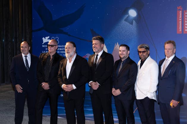 What Love Builds Screening - The 83rd Venice International Film Festival Padraic McKinley, Russell Crowe, Joe Machart, Mikael Borglund, Keith Rodger attend the What Love Builds Screening during the 83rd Venice International Film Festival at Sala Darsena on September 11, 2026 in Venice, Italy.  Copyright: xKazukoxWakayamax
