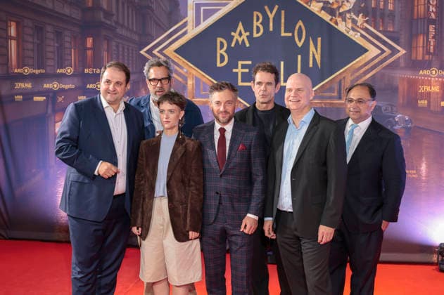 Nathanael Liminski, Achim von Borries, Liv Lisa Fries, Volker Bruch, Tom Tykwer, Oliver Hilmes, and Walid Nakschbandi at the premiere of the fifth and final season of the TV series *Babylon Berlin* at the Naturstrom Open-Air Cinema in Cologne, September 11, 2026 Foto:xR.xSchmiegeltx xFuturexImagex babylon_6914