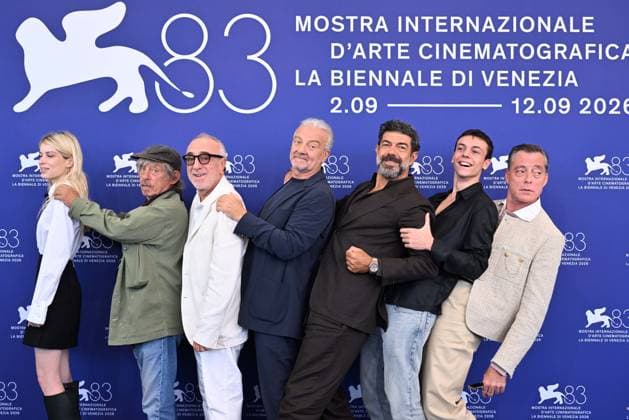 September 12, 2026, Venice, Rome, Italy: Alma Noce, Paolo Rossi, Silvio Orlando, director Giovanni Veronesi, Pierfrancesco Favino, Francesco Gheghi, and Maurizio Lombardi during the photocall for the film God Laughs, 83rd Venice Film Festival. Venice, September 12, 2026 Venice Italy - ZUMAa289 20260912_zia_a289_086 Copyright: xMariaxLauraxAntonellix xAgfx