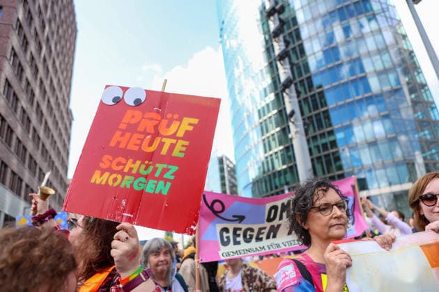 September 12, 2026, Berlin, Berlin, Germany: People attend a demonstration against the far-right Alternative for Germany (AfD) party in Berlin, Germany, September 12, 2026. According to police estimates, between 10,000 and 15,000 people took part in the demonstration, held in the aftermath of the AfDÃ¢â‚¬â ¢s strong result in the Saxony-Anhalt state elections and one week ahead of BerlinÃ¢â‚¬â ¢s state elections on September 20. Berlin Germany  - ZUMAc291 20260912_zip_c291_001 Copyright: xMariaxCastrox