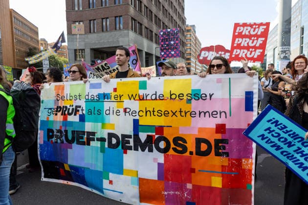 September 12, 2026, Berlin, Berlin, Germany: People attend a demonstration against the far-right Alternative for Germany (AfD) party in Berlin, Germany, September 12, 2026. According to police estimates, between 10,000 and 15,000 people took part in the demonstration, held in the aftermath of the AfDÃ¢â‚¬â ¢s strong result in the Saxony-Anhalt state elections and one week ahead of BerlinÃ¢â‚¬â ¢s state elections on September 20. Berlin Germany - ZUMAc291 20260912_zip_c291_005 Copyright: xMariaxCastrox