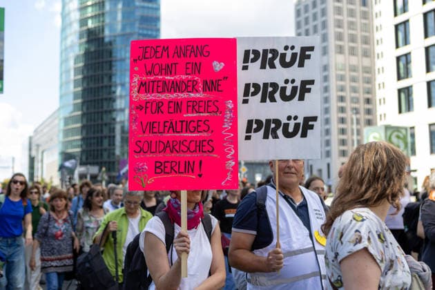 September 12, 2026, Berlin, Berlin, Germany: People attend a demonstration against the far-right Alternative for Germany (AfD) party in Berlin, Germany, September 12, 2026. According to police estimates, between 10,000 and 15,000 people took part in the demonstration, held in the aftermath of the AfDÃ¢â‚¬â ¢s strong result in the Saxony-Anhalt state elections and one week ahead of BerlinÃ¢â‚¬â ¢s state elections on September 20. Berlin Germany - ZUMAc291 20260912_zip_c291_006 Copyright: xMariaxCastrox
