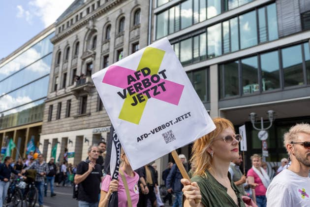 September 12, 2026, Berlin, Berlin, Germany: People attend a demonstration against the far-right Alternative for Germany (AfD) party in Berlin, Germany, September 12, 2026. According to police estimates, between 10,000 and 15,000 people took part in the demonstration, held in the aftermath of the AfDÃ¢â‚¬â ¢s strong result in the Saxony-Anhalt state elections and one week ahead of BerlinÃ¢â‚¬â ¢s state elections on September 20. Berlin Germany - ZUMAc291 20260912_zip_c291_008 Copyright: xMariaxCastrox