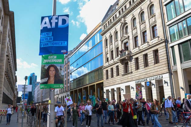 September 12, 2026, Berlin, Berlin, Germany: People attend a demonstration against the far-right Alternative for Germany (AfD) party in Berlin, Germany, September 12, 2026. According to police estimates, between 10,000 and 15,000 people took part in the demonstration, held in the aftermath of the AfDÃ¢â‚¬â ¢s strong result in the Saxony-Anhalt state elections and one week ahead of BerlinÃ¢â‚¬â ¢s state elections on September 20. Berlin Germany - ZUMAc291 20260912_zip_c291_009 Copyright: xMariaxCastrox