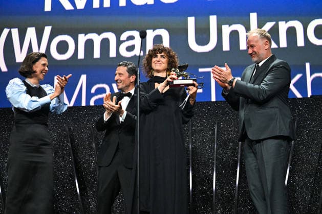 IPA88451476 - Venice, 83rd Venice International Film Festival 2026 - Night 11 - Closing Ceremony. Pictured: May el-Toukhy, Mathilde Arcel, Mikael Rieks, Pietrangelo Buttafuoco, Maggie Gyllenhaal  Copyright: xManuelexMangiarottix xPoolxPhotoxEventsx08x IPA88451476