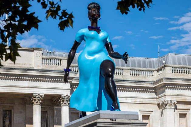 . 12 09 2026. London, United Kingdom. Lady In Blue Trafalgar Square. Lady In Blue by New York artist Tschabalala Self, which pays homage to a young, metropolitan woman, is the 16th artwork to feature on the plinth since 1998. The bronze and blue figure replaces Mil Veces un Instante (A Thousand Times in an Instant) by Teresa Margolles.  xMartynxWheatleyx xi-Imagesx IIM-27002-0005